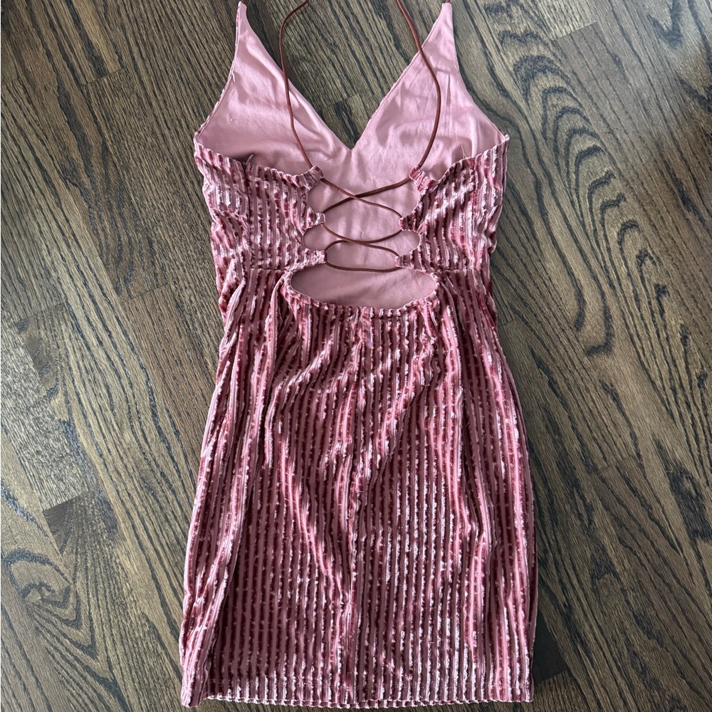 Pink Ribbed Bodycon Mini Dress for Cocktail - Picture 2 of 3